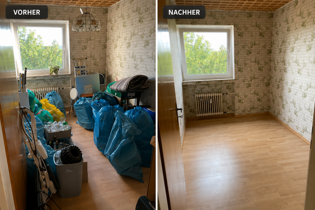 Das Bild zeigt einen Vorher-Nachher-Vergleich einer Entrümpelung