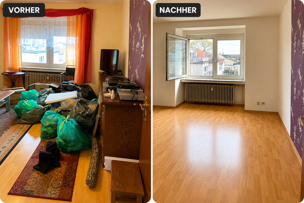 Das Bild zeigt einen Vorher-Nachher-Vergleich einer Entrümpelung