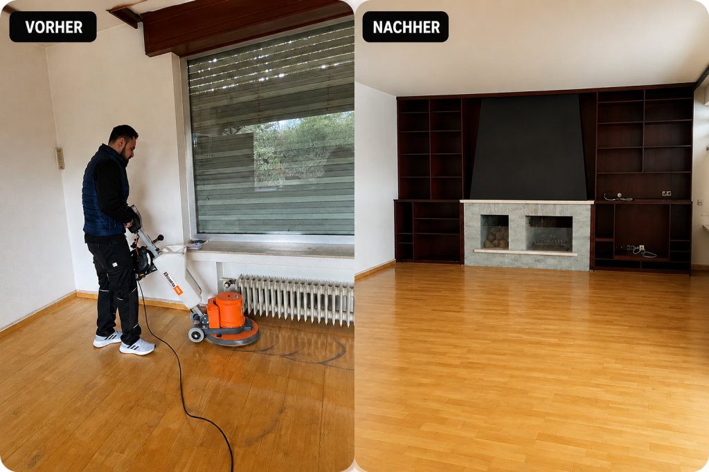 Das Bild zeigt einen Vorher-Nachher-Vergleich einer Bodenreinigung