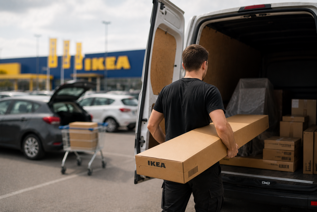 Das Bild zeigt einen Transporter der mit IKEA Paketen eingeräumt wird