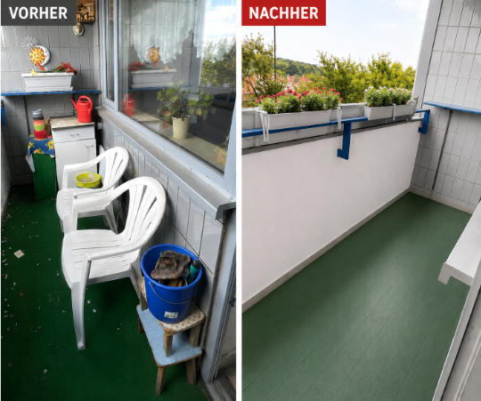 Entrümpelung 16 Das Bild zeigt einen Vorher-Nachher-Vergleich einer Balkon-Entrümpelung