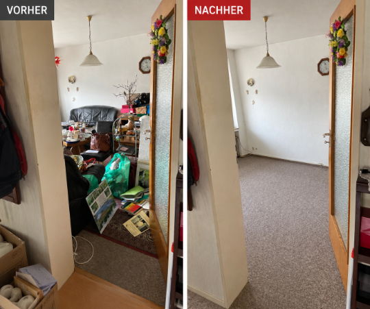 Entrümpelung 18 Das Bild zeigt einen Vorher-Nachher-Vergleich einer Wohnzimmer Entrümpelung