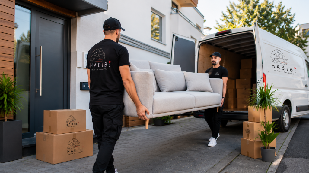 Zwei Umzugshelfer tragen ein Sofa