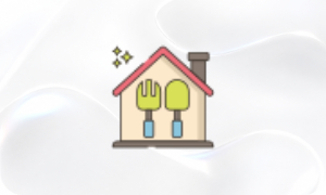 Das Bild zeigt ein Icon mit einer Gartenhaus und Werkzeug