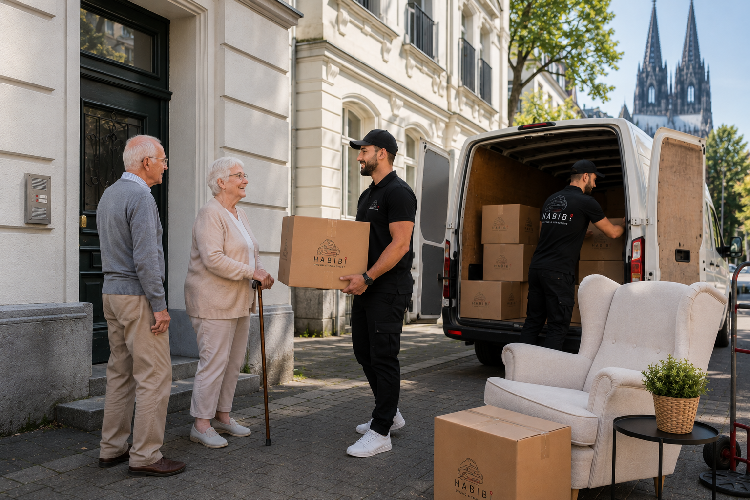 Zwei Umzugshelfer übergeben nach dem Seniorenumzug eine Kisten an die beiden Senioren-Kunden