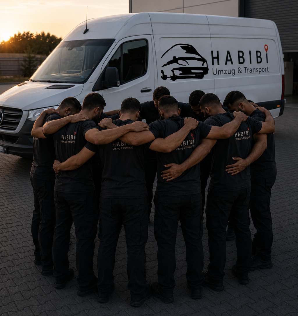 Das Bild zeigt ein Teamfoto der Firma HABIBi vor einem weißen Transporter